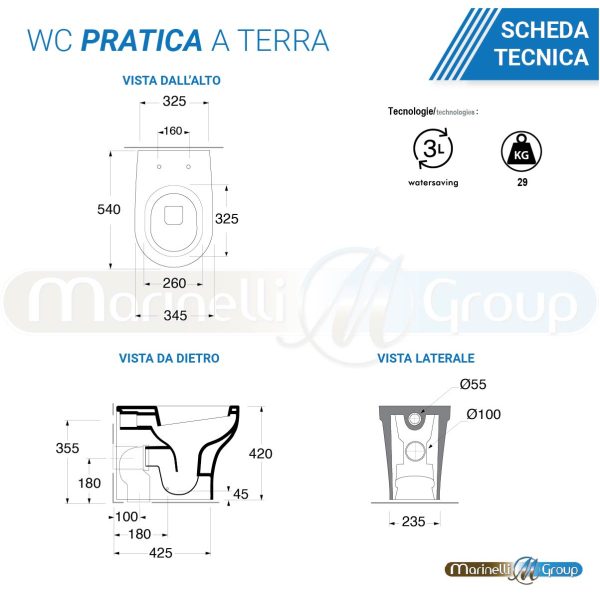 Azzurra Bidet e Vaso WC a terra filomuro con sedile coprivaso Pratica Sanitari Bagno