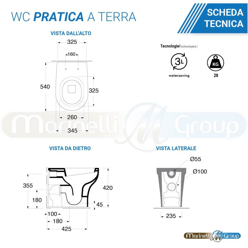 Azzurra Vaso WC a terra filomuro con sedile coprivaso softclose Pratica Sanitari Bagno