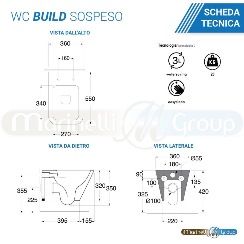 Azzurra Bidet e Vaso WC sospesi filomuro con sedile coprivaso softclose Build Sanitari Bagno