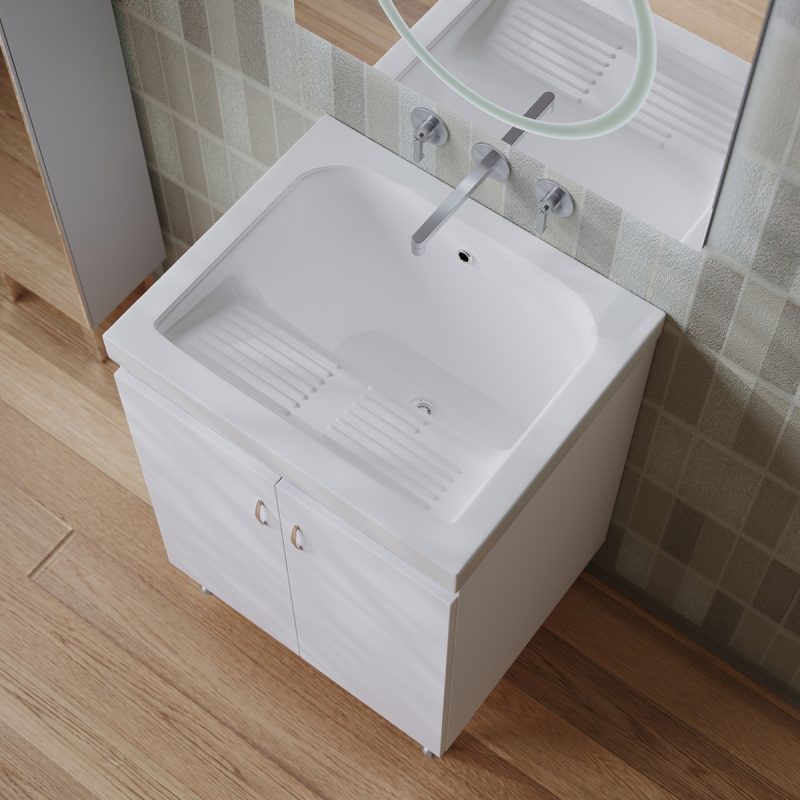 Mobile lavatoio bianco con vasca in ceramica strofinatoio integrato 62X62 Zuma Lavanderia