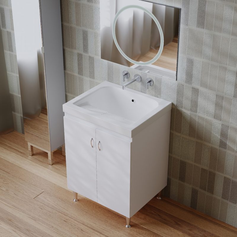 Mobile lavatoio bianco con vasca in ceramica strofinatoio integrato 62X62 Zuma Lavanderia