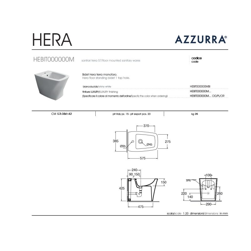 Azzurra Bidet e Vaso WC a terra filomuro con sedile coprivaso softclose Hera Sanitari Bagno