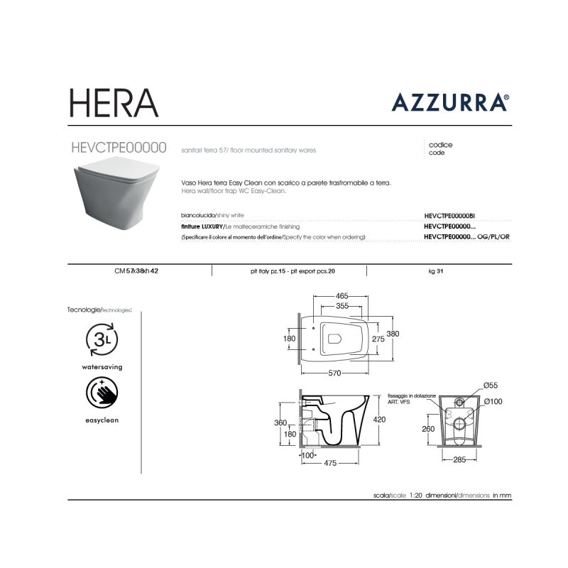 Azzurra Bidet e Vaso WC a terra filomuro con sedile coprivaso softclose Hera Sanitari Bagno