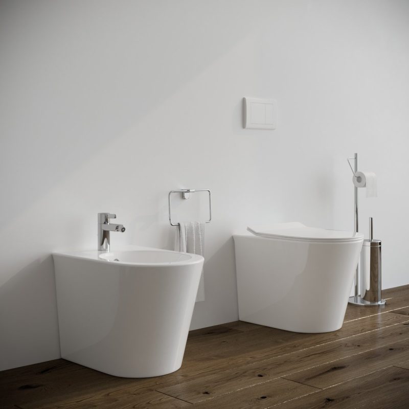 Sanitari Bidet e Vaso WC a terra filomuro rimless scarico vortice coprivaso softclose Simo Sanitari Bagno