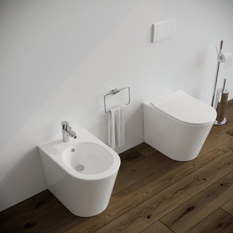 Sanitari Bidet e Vaso WC a terra filomuro rimless scarico vortice coprivaso softclose Simo Sanitari Bagno