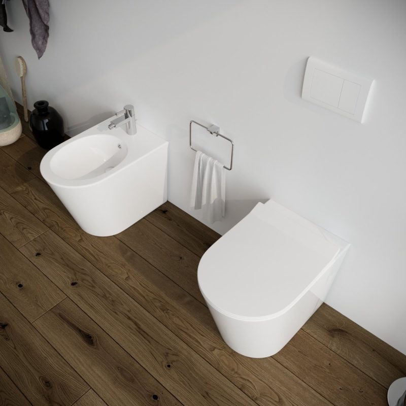 Sanitari Bidet e Vaso WC a terra filomuro rimless scarico vortice coprivaso softclose Simo Sanitari Bagno