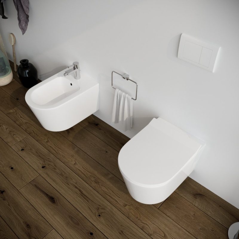 Sanitari Bidet e Vaso WC sospesi rimless scarico vortice coprivaso softclose Simo Sanitari Bagno