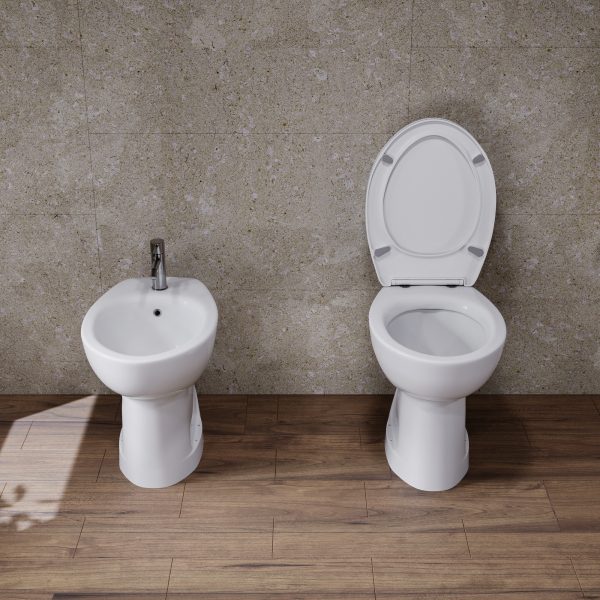 Sanitari bagno terza eta’ Bidet e Vaso WC anziani in ceramica scarico pavimento con coprivaso Sanitari Bagno