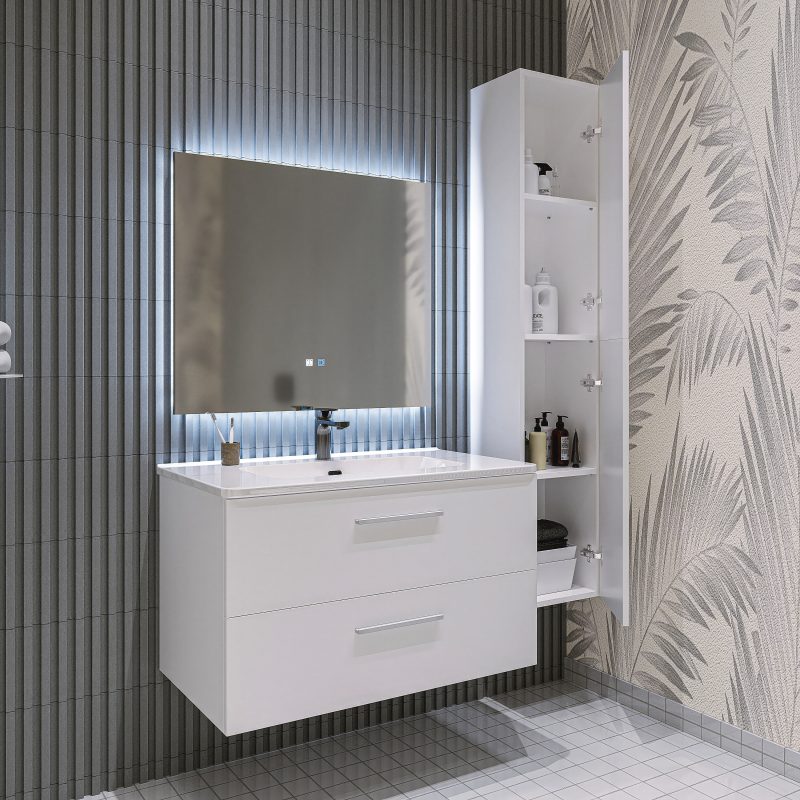 Mobile bagno sospeso da 120 cm bianco lucido con lavabo e colonna Linda 8220 MOBILI BAGNO