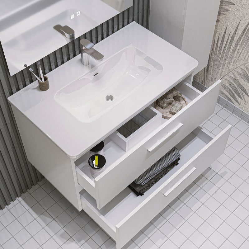 Mobile bagno sospeso da 100 cm bianco lucido con lavabo e colonna Linda 8210 MOBILI BAGNO