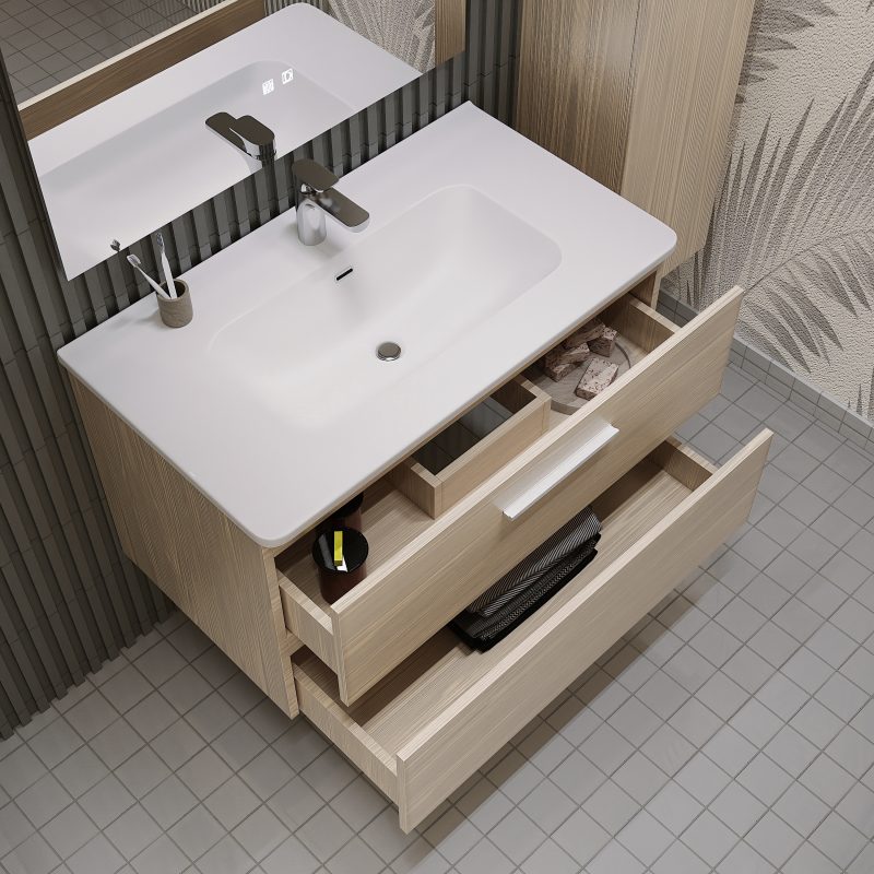 Mobile bagno sospeso da 60 cm rovere chiaro con lavabo e colonna Linda 8260 MOBILI BAGNO