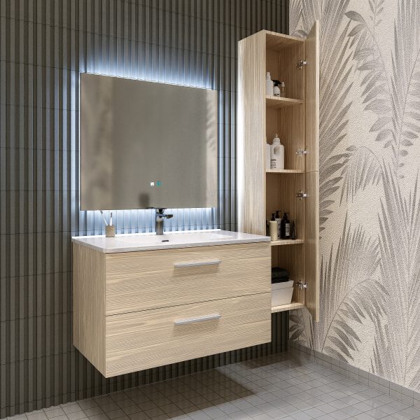 Mobile bagno sospeso da 80 cm rovere chiaro con lavabo e colonna Linda 8280 MOBILI BAGNO