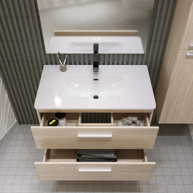 Mobile bagno sospeso da 60 cm rovere chiaro con lavabo e colonna Linda 8260 MOBILI BAGNO