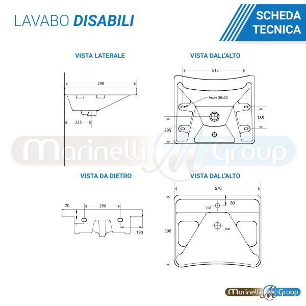 Lavabo per disabili in ceramica ergonomico con appoggiagomiti Sanitari Bagno