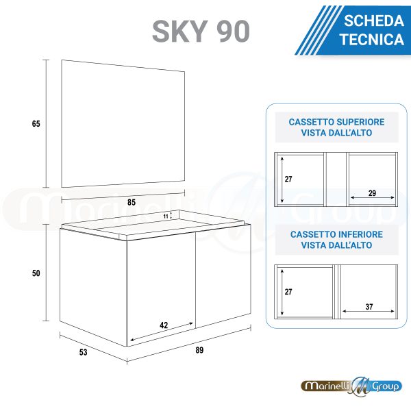 Mobile bagno sospeso da 90 cm lavabo in resina con 2 cassettoni grigio Sky MOBILI BAGNO