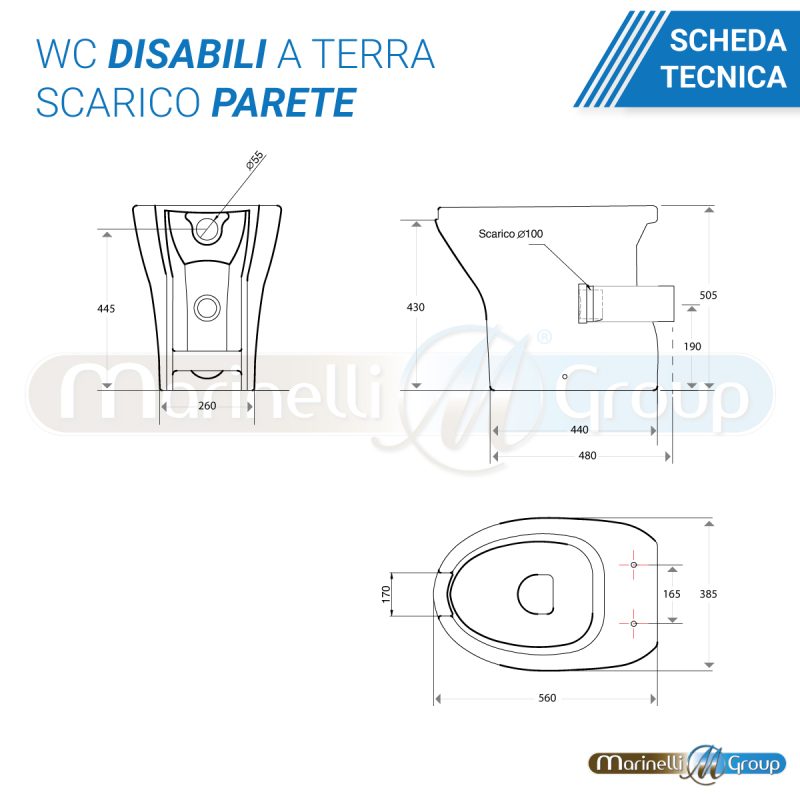 Vaso WC Disabili e Anziani in ceramica scarico parete con coprivaso Sanitari Bagno